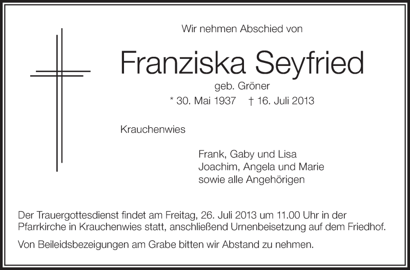  Traueranzeige für Franziska Seyfried vom 24.07.2013 aus Schwäbische Zeitung