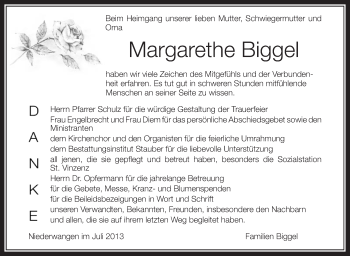 Anzeige von Margarethe Biggel von Schwäbische Zeitung