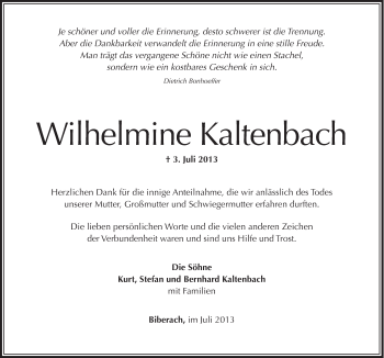 Anzeige von Wilhelmine Kaltenbach von Schwäbische Zeitung