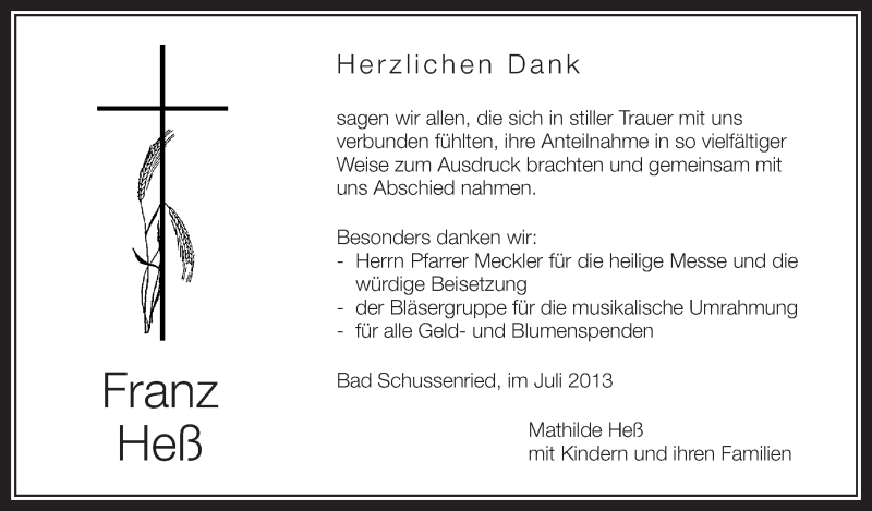  Traueranzeige für Franz Heß vom 27.07.2013 aus Schwäbische Zeitung