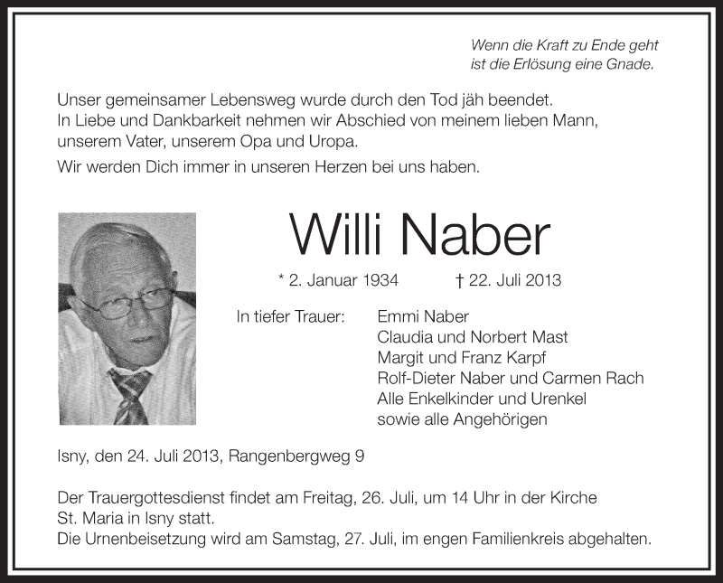  Traueranzeige für Willi Naber vom 24.07.2013 aus Schwäbische Zeitung