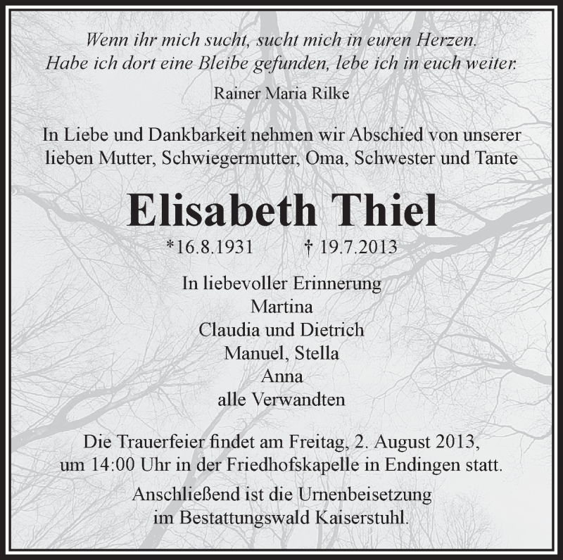  Traueranzeige für Elisabeth Thiel vom 27.07.2013 aus Schwäbische Zeitung