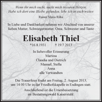 Anzeige von Elisabeth Thiel von Schwäbische Zeitung