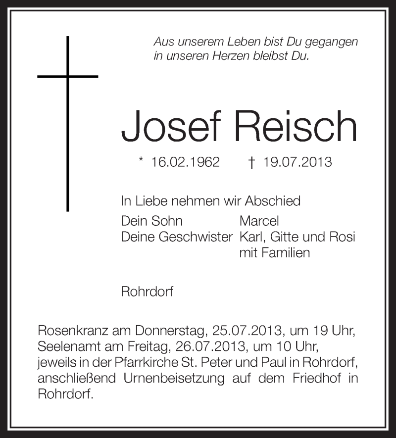  Traueranzeige für Josef Reisch vom 24.07.2013 aus Schwäbische Zeitung