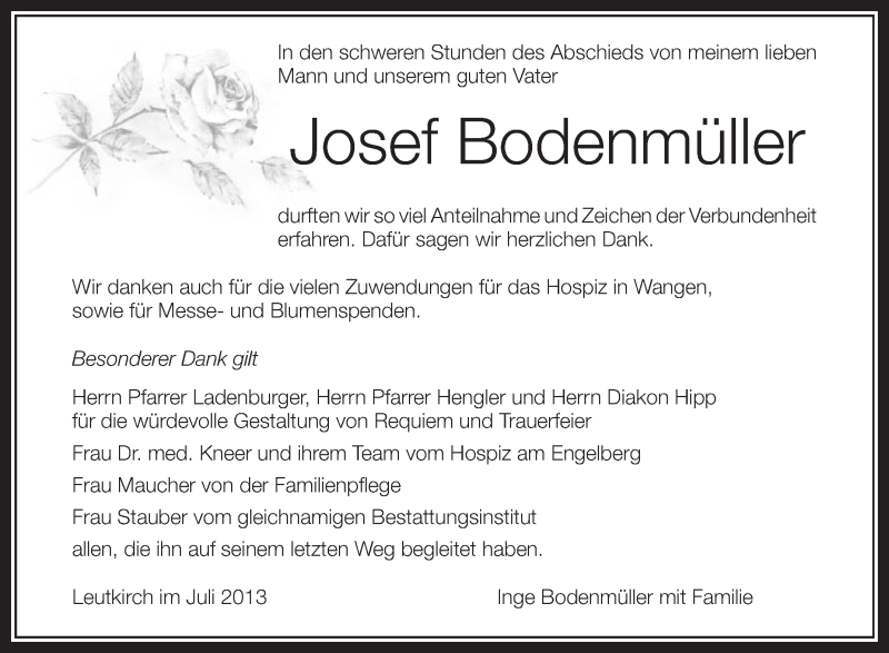  Traueranzeige für Josef Bodenmüller vom 27.07.2013 aus Schwäbische Zeitung