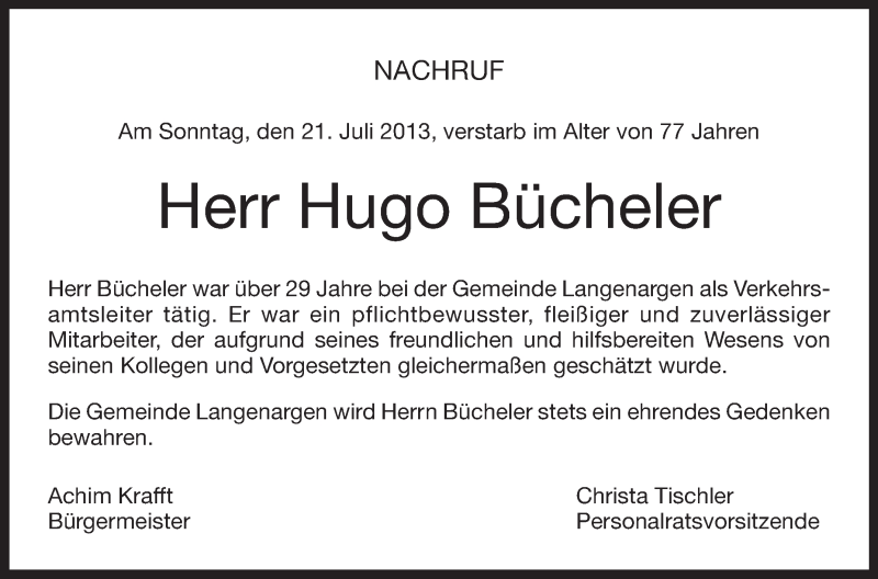  Traueranzeige für Hugo Bücheler vom 24.07.2013 aus Schwäbische Zeitung