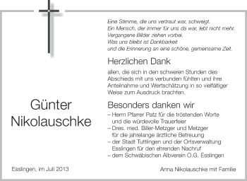 Anzeige von Günter Nikolauschke von Schwäbische Zeitung