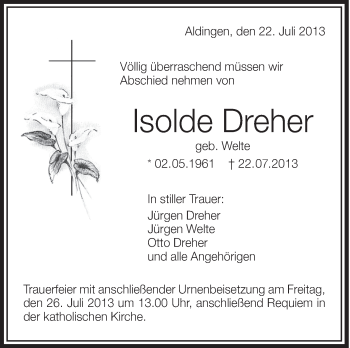 Anzeige von Isolde Dreher von Schwäbische Zeitung