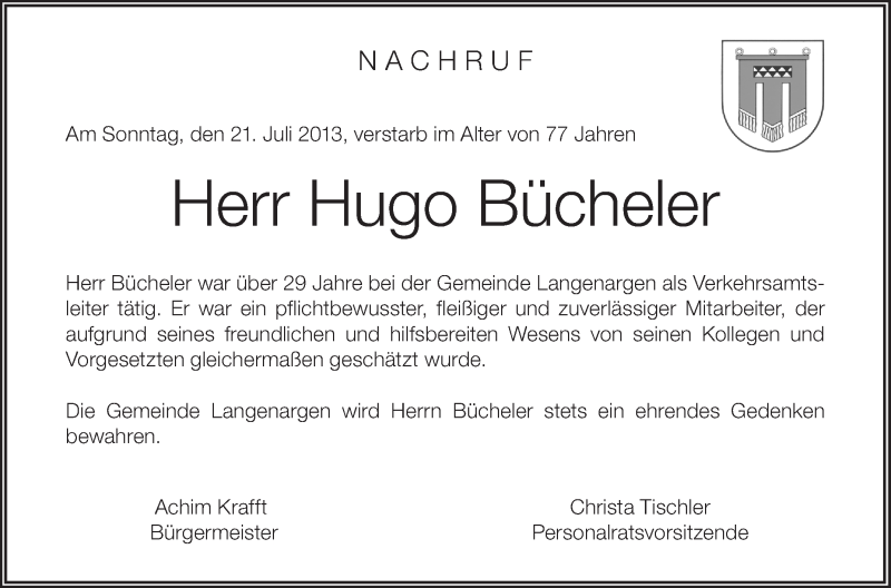  Traueranzeige für Hugo Bücheler vom 26.07.2013 aus Schwäbische Zeitung