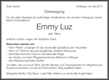 Anzeige von Emmy Luz von Schwäbische Zeitung