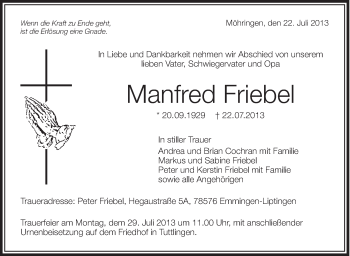 Anzeige von Manfred Friebel von Schwäbische Zeitung