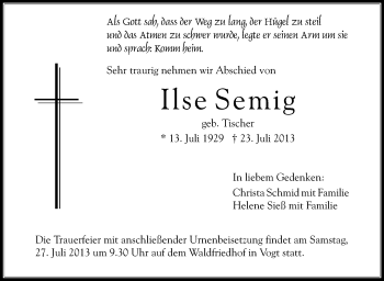 Anzeige von Ilse Semig von Schwäbische Zeitung