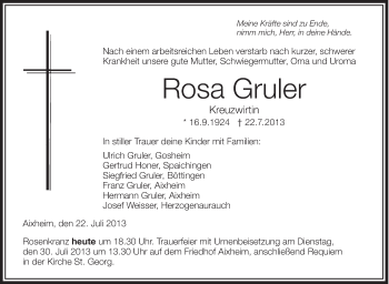 Anzeige von Rosa Gruler von Schwäbische Zeitung