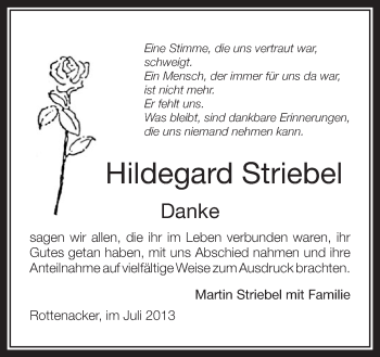 Anzeige von Hildegard Striebel von Schwäbische Zeitung