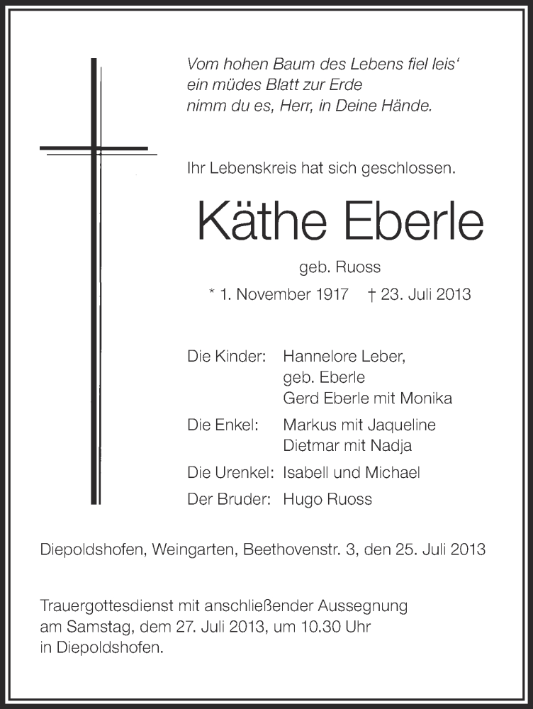  Traueranzeige für Käthe Eberle vom 25.07.2013 aus Schwäbische Zeitung