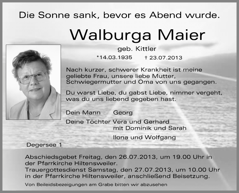  Traueranzeige für Walburga Maier vom 25.07.2013 aus Schwäbische Zeitung