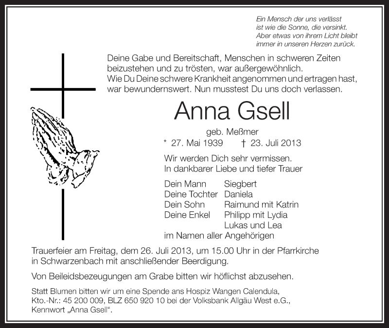  Traueranzeige für Anna Gsell vom 25.07.2013 aus Schwäbische Zeitung