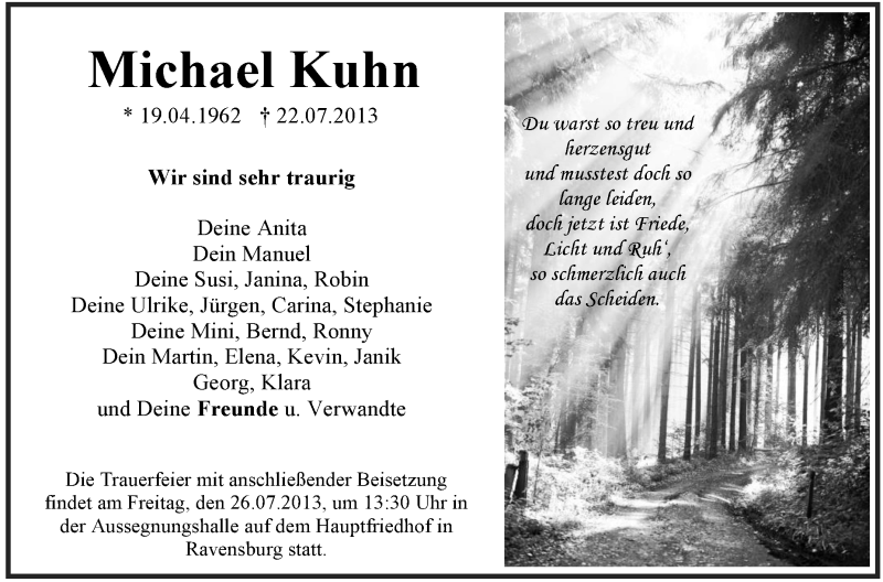  Traueranzeige für Michael Kuhn vom 25.07.2013 aus Schwäbische Zeitung