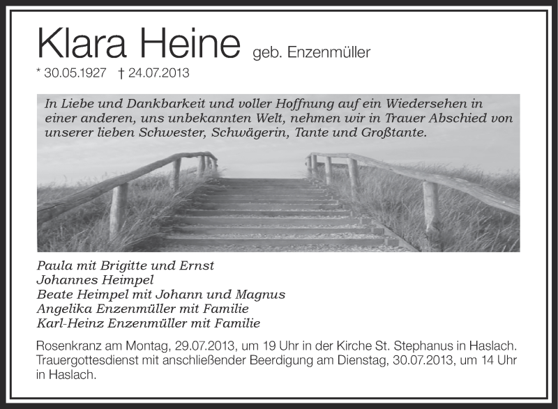  Traueranzeige für Klara Heine vom 27.07.2013 aus Schwäbische Zeitung