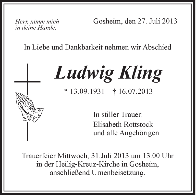  Traueranzeige für Ludwig Kling vom 27.07.2013 aus Schwäbische Zeitung
