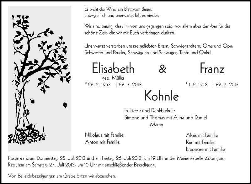  Traueranzeige für Elisabeth und Franz Kohnle vom 25.07.2013 aus Schwäbische Zeitung