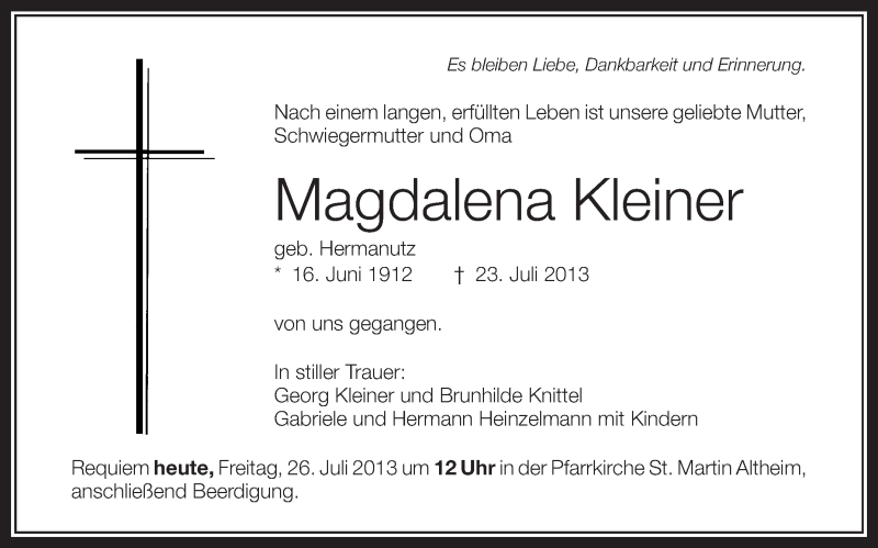  Traueranzeige für Magdalena Kleiner vom 26.07.2013 aus Schwäbische Zeitung