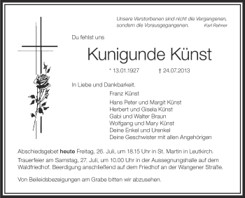 Anzeige von Kunigunde Künst von Schwäbische Zeitung