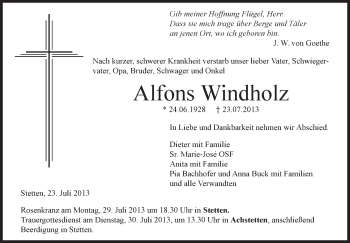 Anzeige von Alfons Windholz von Schwäbische Zeitung