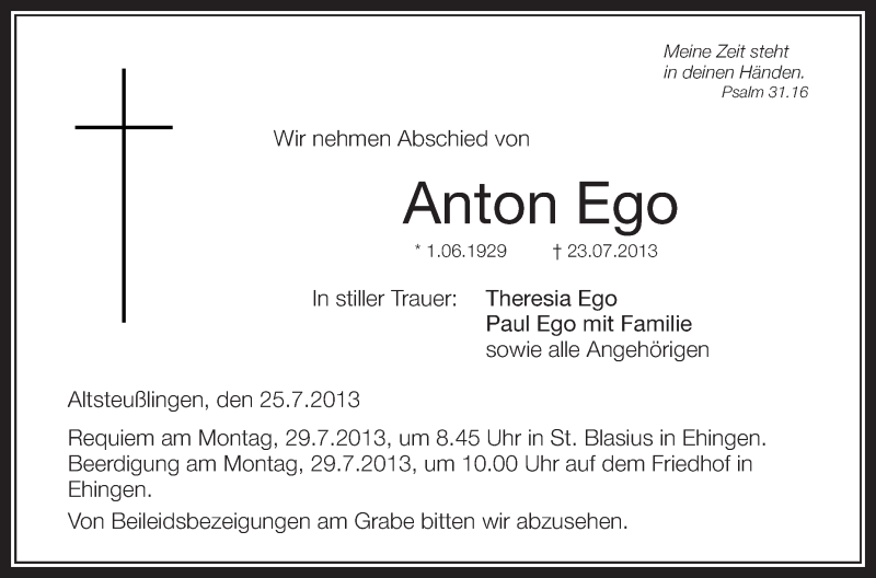  Traueranzeige für Anton Ego vom 26.07.2013 aus Schwäbische Zeitung