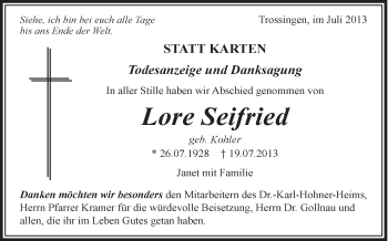 Anzeige von Lore Seifried von Schwäbische Zeitung