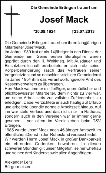 Anzeige von Josef Mack von Schwäbische Zeitung