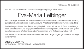 Anzeige von Eva-Maria Leibinger von Schwäbische Zeitung