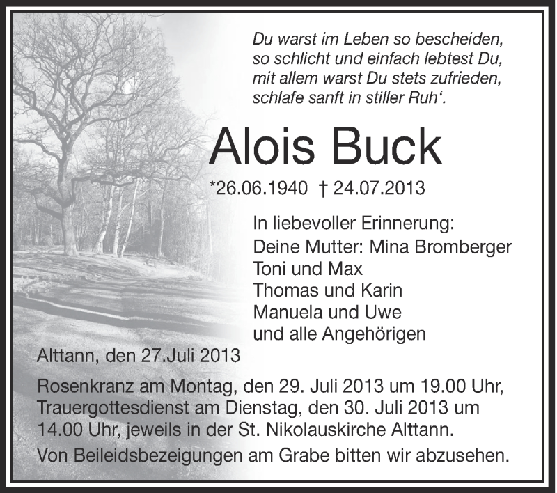  Traueranzeige für Alois Buck vom 27.07.2013 aus Schwäbische Zeitung