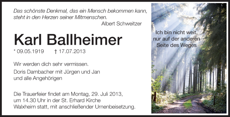  Traueranzeige für Karl Ballheimer vom 26.07.2013 aus Schwäbische Zeitung