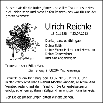 Anzeige von Ulrich Reichle von Schwäbische Zeitung