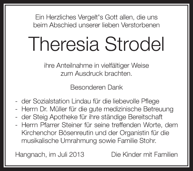  Traueranzeige für Theresia Strodel vom 27.07.2013 aus Schwäbische Zeitung