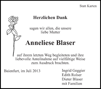 Anzeige von Anneliese Blaser von Schwäbische Zeitung