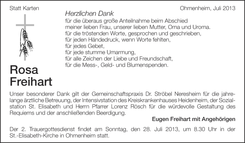 Traueranzeige für Rosa Freihart vom 27.07.2013 aus Schwäbische Zeitung