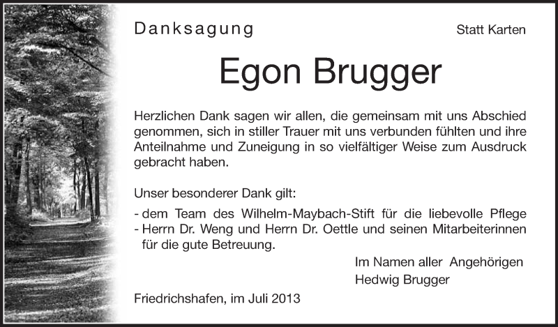  Traueranzeige für Egon Brugger vom 27.07.2013 aus Schwäbische Zeitung