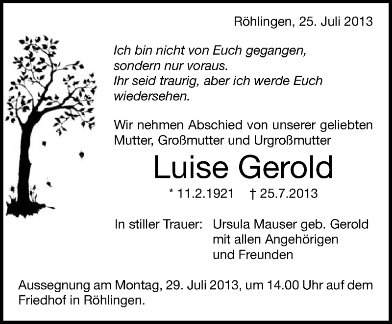  Traueranzeige für Luise Gerold vom 26.07.2013 aus Schwäbische Zeitung