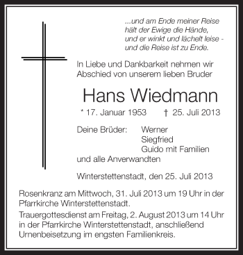 Anzeige von Hans Wiedmann von Schwäbische Zeitung