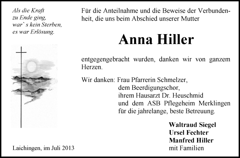  Traueranzeige für Anna Hiller vom 27.07.2013 aus Schwäbische Zeitung