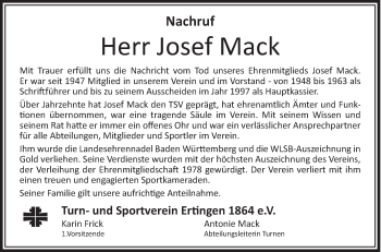 Anzeige von Josef Mack von Schwäbische Zeitung