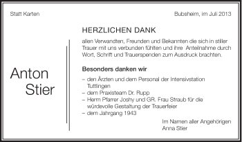 Anzeige von Anton Stier von Schwäbische Zeitung