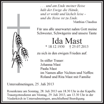 Anzeige von Ida Mast von Schwäbische Zeitung