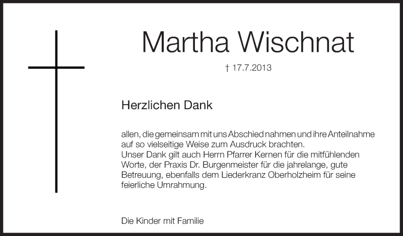  Traueranzeige für Martha Wischnat vom 29.07.2013 aus Schwäbische Zeitung