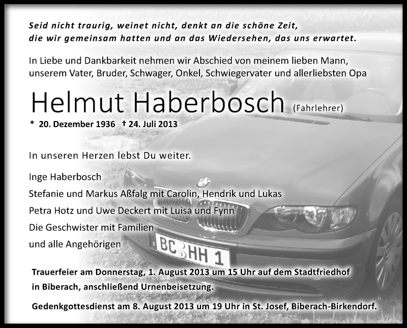  Traueranzeige für Helmut Haberbosch vom 27.07.2013 aus Schwäbische Zeitung