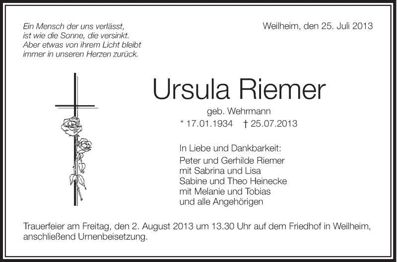  Traueranzeige für Ursula Riemer vom 30.07.2013 aus Schwäbische Zeitung