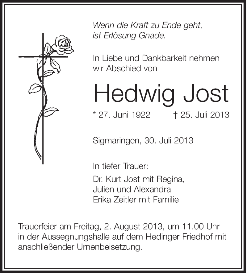  Traueranzeige für Hedwig Jost vom 30.07.2013 aus Schwäbische Zeitung