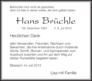 Anzeige von Hans Brüchle von Schwäbische Zeitung